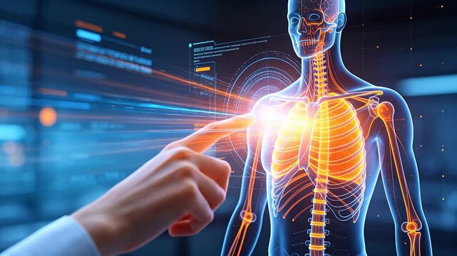 Hand interacting with virtual human skeleton model in medical technology interface