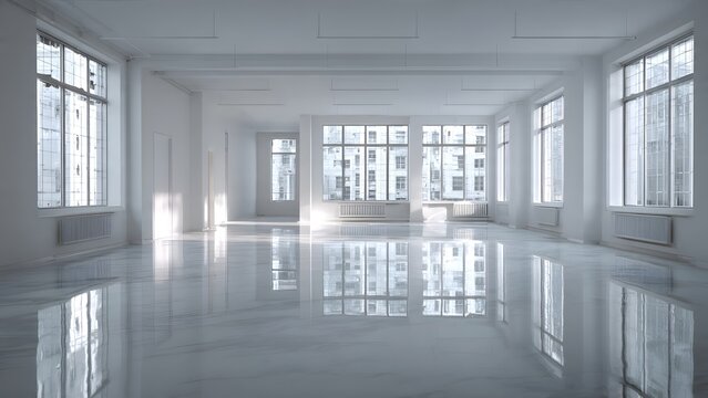 An empty modern building corridor with windows and doors letting in natural light