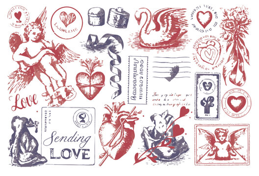 Vintage Valentine Ephemera Set with Cupid, Romantic Hearts, Swan, and Antique Postage Stamps in Retro Sketch Style