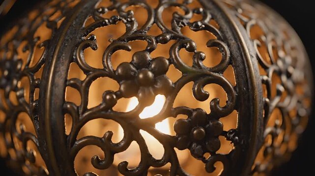 Closeup of an ornate antique metal lantern with intricate floral patterns and a warm glowing light emanating from within.
