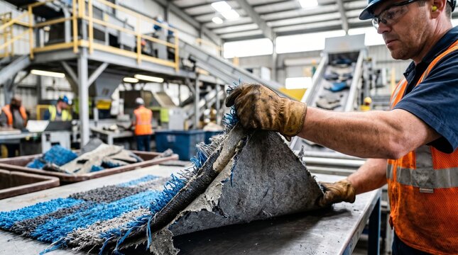 Industrial worker processing carpet waste in recycling facility