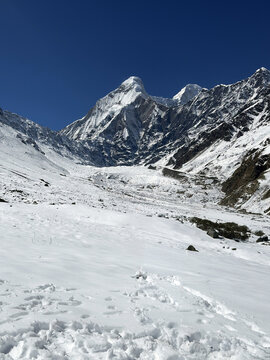 Nanda Devi glacier valley and snow covered peaks in the Indian Himalayas
