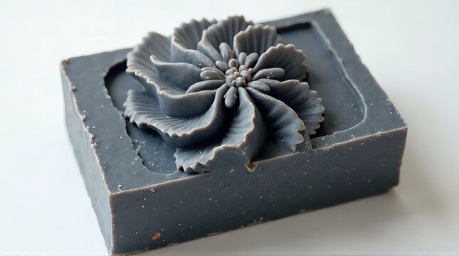 Gray soap with flower design on a soap mold