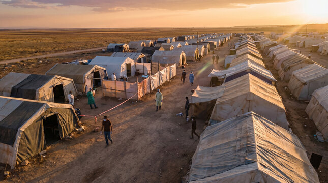 Aerial view of a refugee camp at sunset with rows of tents lined up under a warm, golden sky, highlighting the struggle against disease amidst challenging conditions