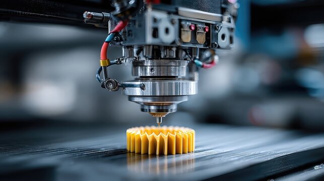Industrial 3d printing machine fabricating a precision yellow gear component with advanced additive manufacturing technology in a modern high tech workshop facility