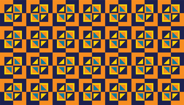 Seamless geometric pattern with blue and orange triangle shapes in checkered boxes.