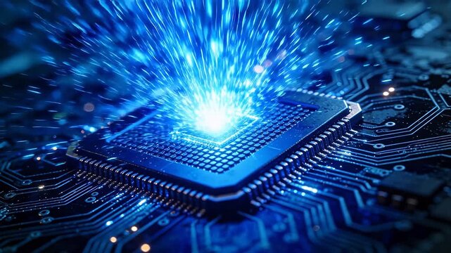 Central integrated chip on a circuit board with glowing blue particles