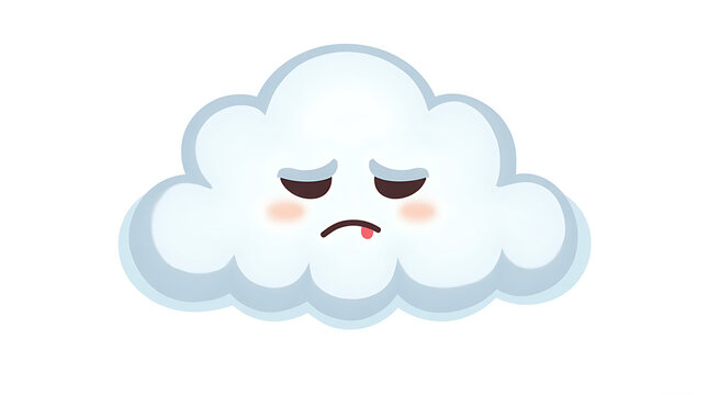 Sad fluffy cartoon cloud with frowning face expression on plain surface