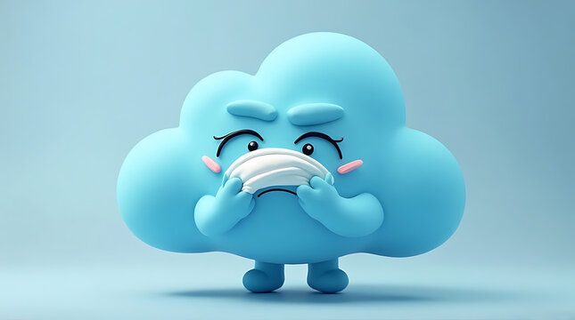 Cute cartoon blue cloud character wearing a face mask and looking worried or sick standing alone indoors