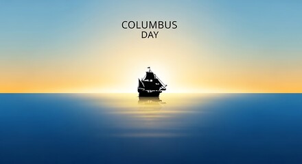 Minimal Columbus Day Illustration with Historic Ship Silhouette on Calm Ocean at Sunrise