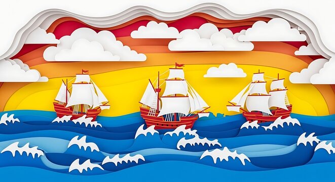 Cute Cartoon Illustration of Columbus Ships Santa Maria, Nina and Pinta with Kids Sailing on Ocean