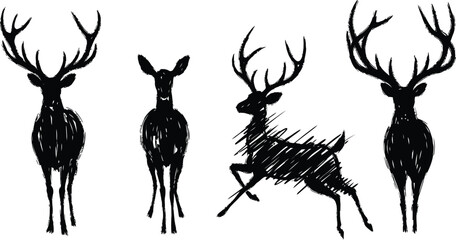 Deer silhouettes, black deer icons, reindeer illustrations, wildlife graphics © Vector Art Studio
