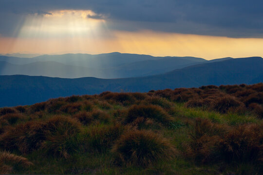 Sunrise over the Carpathian mountains, view from mountain Bliznitsya Velika 1881 m. Dragobrat, Ukraine.