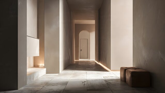 Luxury old Italian palace interior corridor with marble arches, empty hallway, stone walls and light at hotel entrance