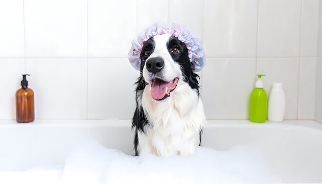 A black and white dog sits in a bathtub with a purple shower cap
