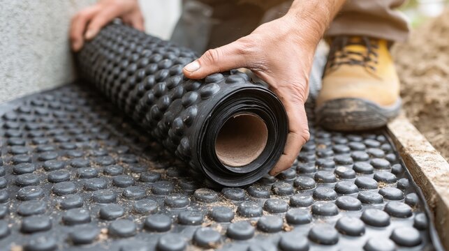 Man installing black dimpled drainage membrane for foundation waterproofing