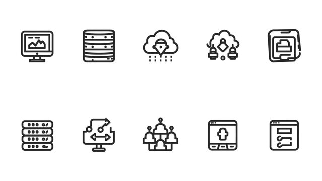 Digital Data: An array of minimalist icons showcases a range of digital technology, each representing a facet of digital technology and data storage and application
