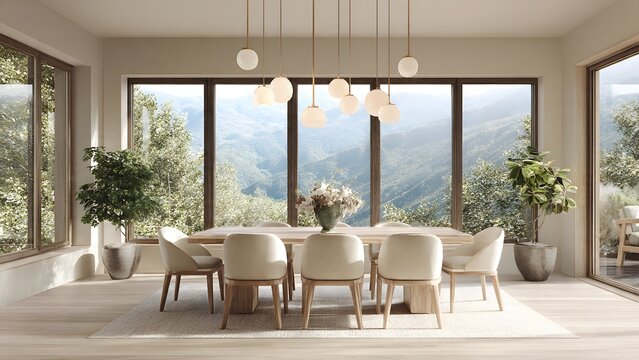 Modern luxury dining room in an upscale hotel apartment features a minimalist wooden table and chairs design with elegant indoor furniture and large windows
