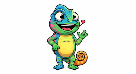Obraz premium Cartoon chameleon mascot smiling and waving hello on white background