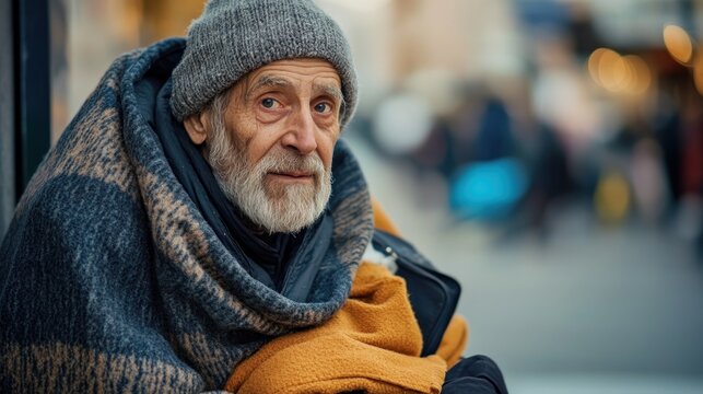 An elderly man in blankets on the street corner, symbolizing resilience and human connection in the face of hardship