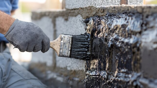 Worker applying black waterproofing coating to concrete basement wall with brush