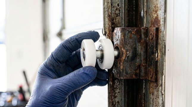 Gloved hand installing new roller on rusty garage door track