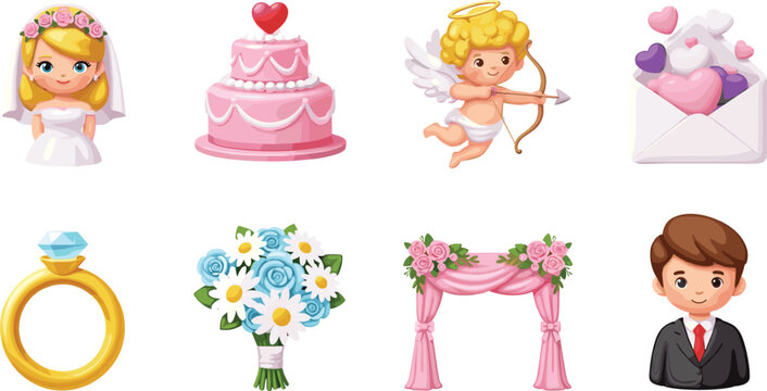 Cute Wedding and Romance Icon Set Featuring Bride, Groom, Cupid, Tiered Cake, Engagement Ring, Floral Bouquet, and Love Letters for Bridal Shower Invitations and Valentine Designs