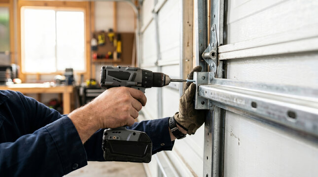 Technician installing garage door system with cordless drill in workshop
