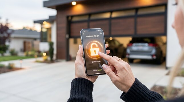 Woman's hands using smartphone app to open modern garage door