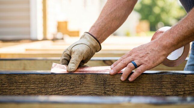 Carpenter's hands applying copper flashing tape to wood deck joist