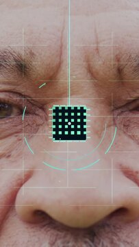 Vertical video: Triangular marker appearing, senior man receiving chip HUD, linking nodes for AI