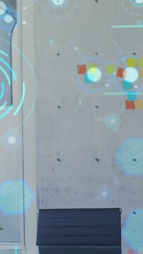 Vertical video: Camera sliding down feature wall with notes and bench hologram pulsing for business