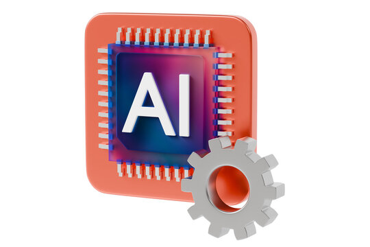 3d AI chip gear icon. AI automation concept. minimal cartoon microchip processor cog for machine learning software. isolated on white transparent background. 3d render.