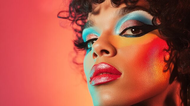 Artistic portrait of a transgender model with bold makeup and radiant confidence