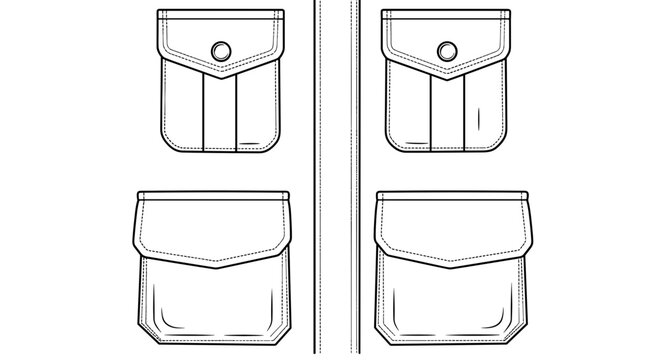 Detailed illustration of utility jacket pockets in various styles, featuring buttoned flaps and stitching, on a white background