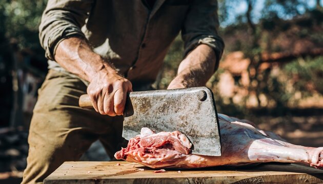 Butcher cutting raw meat with a large cleaver on a wooden table outdoors.