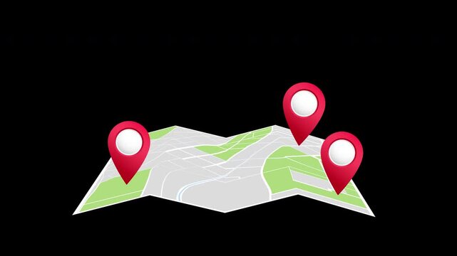 Folded City Map with Multiple Red Location Pin Markers Isolated on Transparent Background