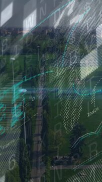 Vertical video: Camera holding high view, data overlay growing, animating charts, showing movement
