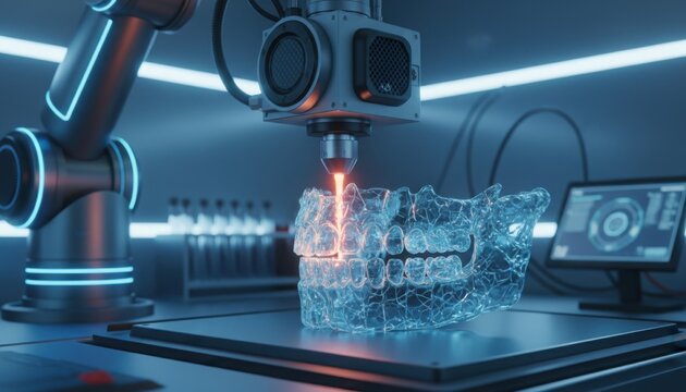 Robotic arm using precision laser technology to fabricate a transparent dental jaw prosthesis in a high tech medical laboratory