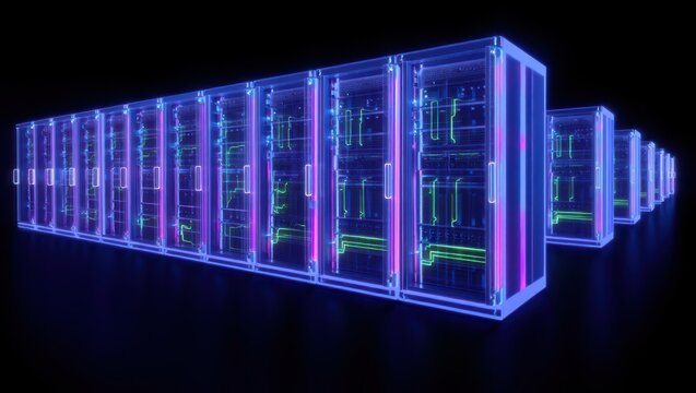 3D rendering of futuristic server racks in a high-tech data center with neon blue and purple lighting