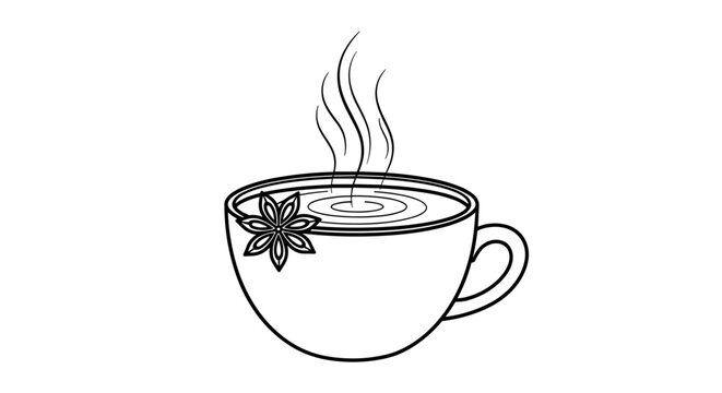 Illustration of steaming chai latte in a decorative mug with star anise, minimalistic black and white line art on a plain background