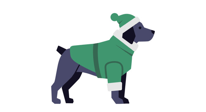 Illustration of a dog in a green winter coat and hat, standing in profile on a white background