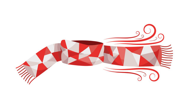 Geometric red and white scarf flying in the wind with swirling patterns, isolated on a white background, creating a dynamic and artistic illustration