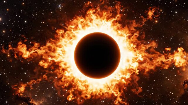 Solar Eclipse Phenomenon Featuring Massive Fiery Plasma Eruptions and Glowing Corona Ring Surrounded by Deep Space Stars and Cosmic Nebulae in a Dramatic Cinematic View
