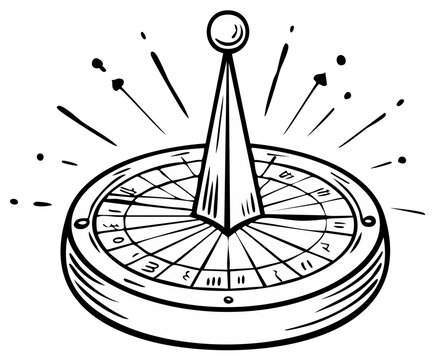 Old fashion sundial object for timekeeping navigation with gnomon and dial plate in vector design on white.