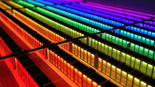 Vibrant fiber optic cables in modern data center with colorful LED lighting and futuristic technology background