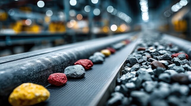 Industrial conveyor belt system transporting multi colored processed stones and mineral aggregates in a modern automated factory processing facility with blurred background