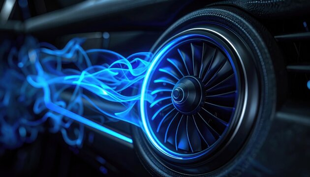Circular turbine air vent in car interior emitting blue smoke trails and neon light highlighting sleek metallic fan blades