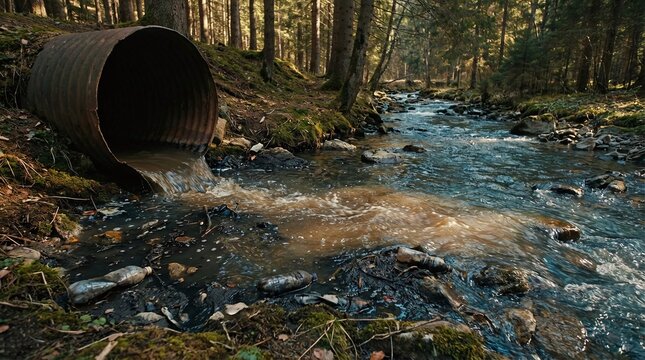 Polluted water stream flowing from a rusty pipe into a deforested riverbed, highlighting environmental degradation and industrial waste impact on nature