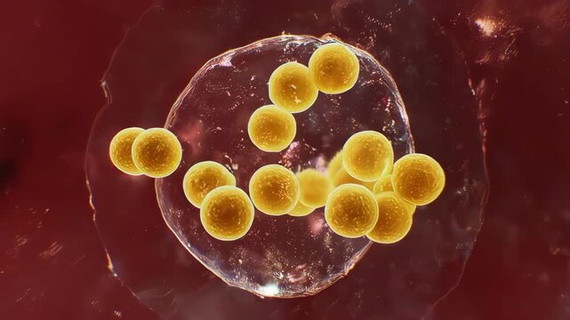Dramatic 4K microscopic view, 1000x zoom. Clusters of golden-yellow Staphylococcus bacteria are slowly dividing and subtly shifting within a semi-viscous matrix. Light refracts through the medium, cre
